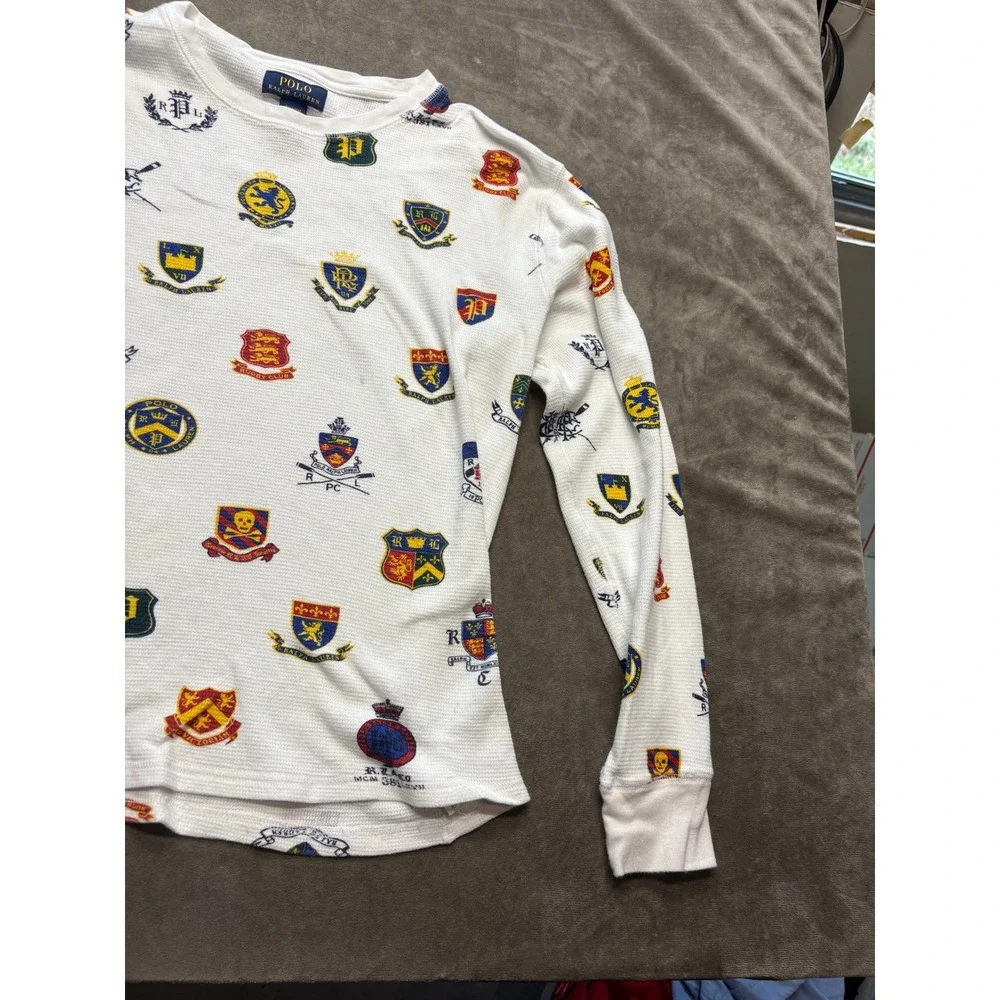 Polo Ralph‎ Lauren White Crest All Over Print Thermal Long Sleeve Sleep Shirt M
